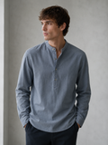 Grandad-Collar Shirt in soft grey-blue washed cotton, worn