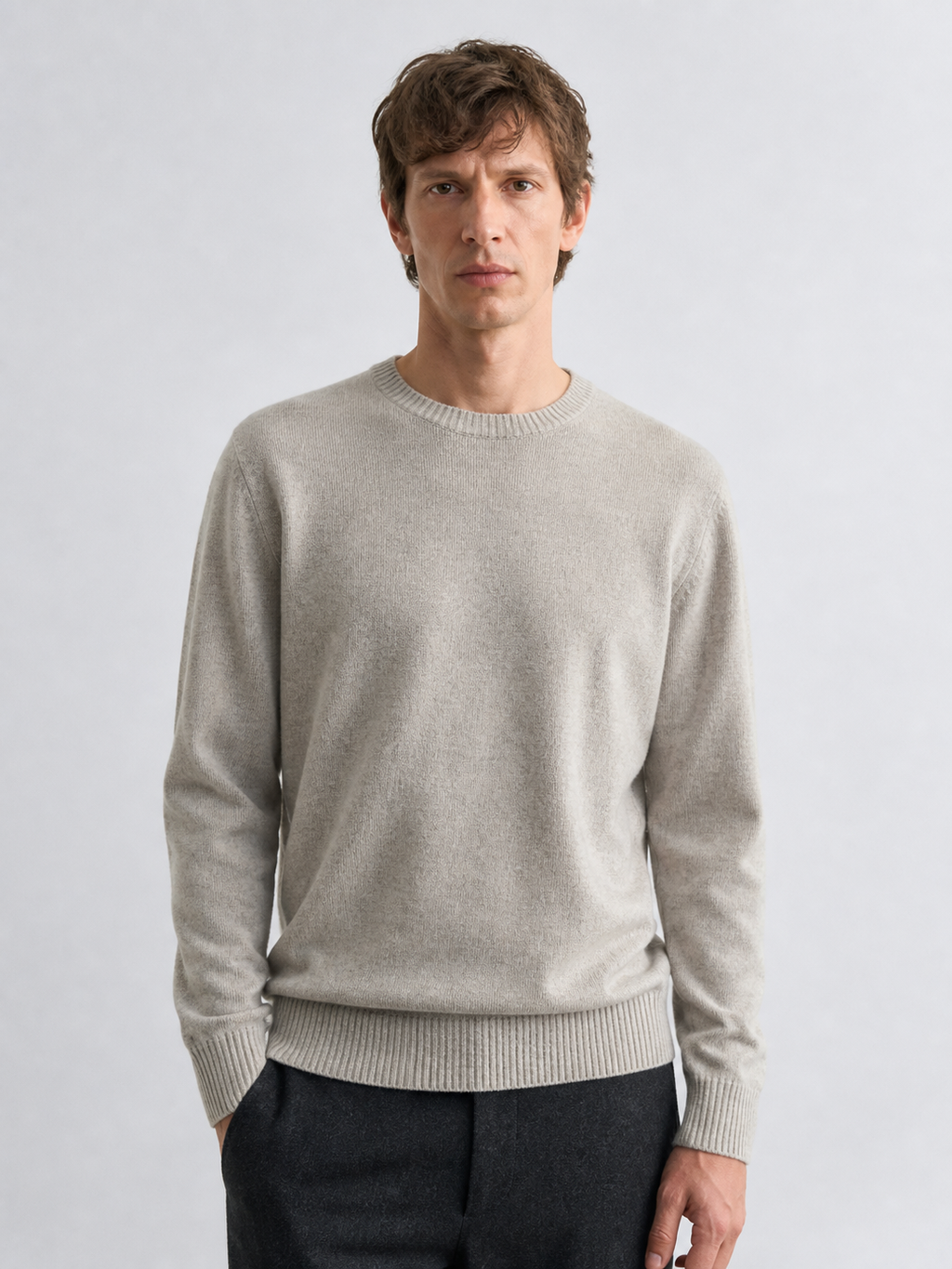 Oatmeal-grey lambswool crew knit, front
