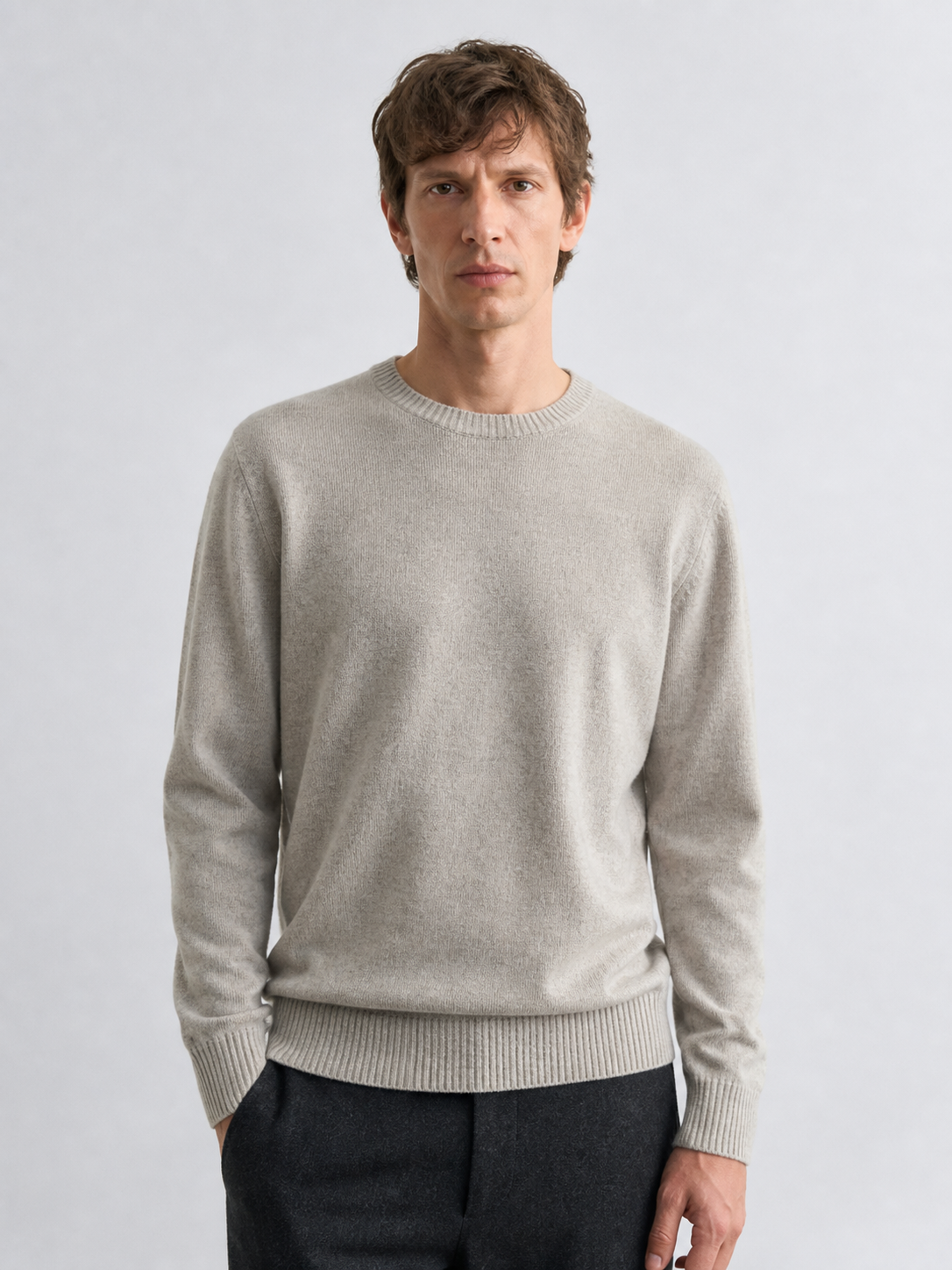 Oatmeal-grey lambswool crew knit, front