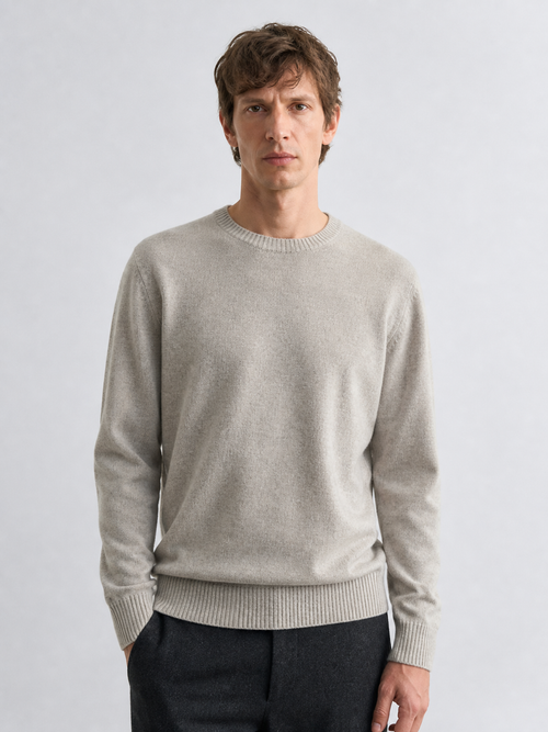 Oatmeal-grey lambswool crew knit, front