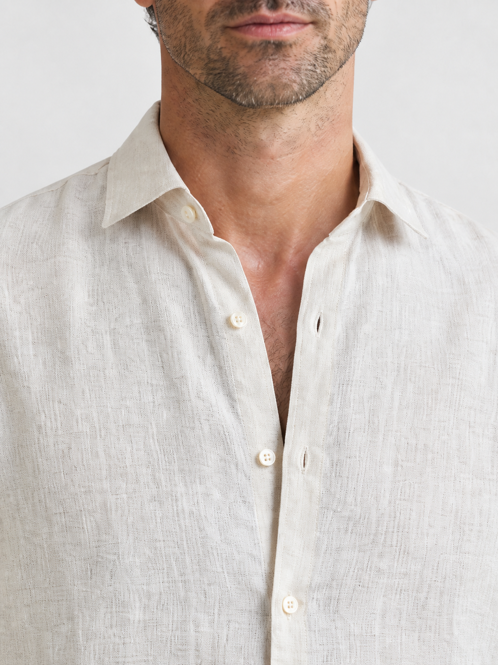 Linen shirt, collar and placket detail