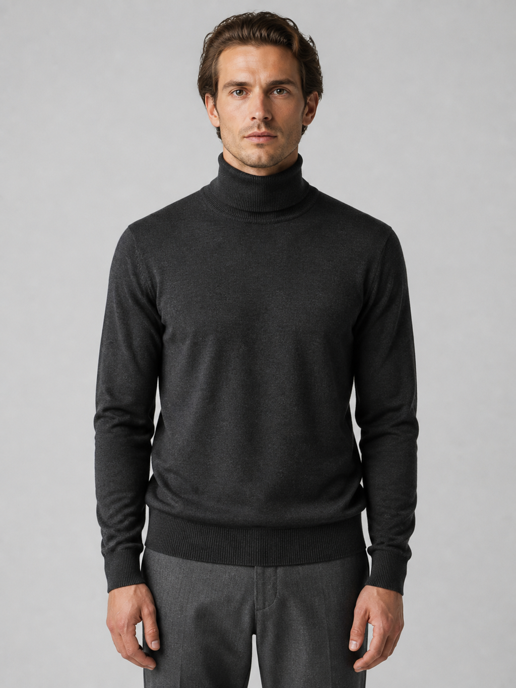 Charcoal merino roll neck, front
