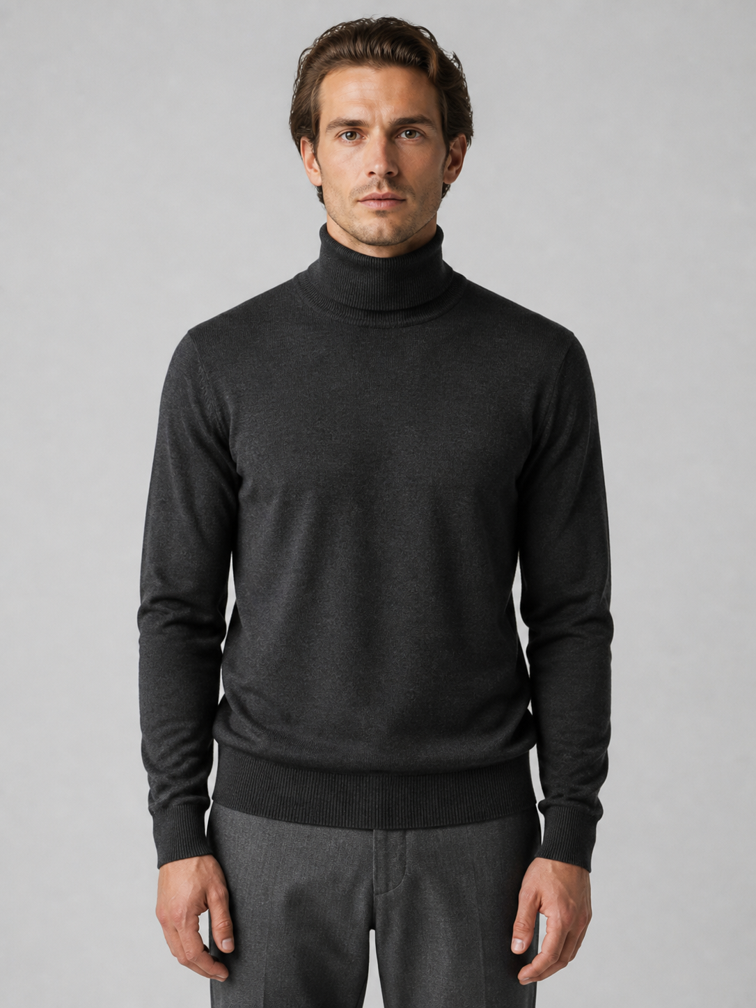 Charcoal merino roll neck, front