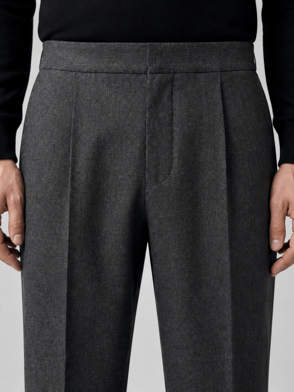 Pleated wool trouser, waistband detail