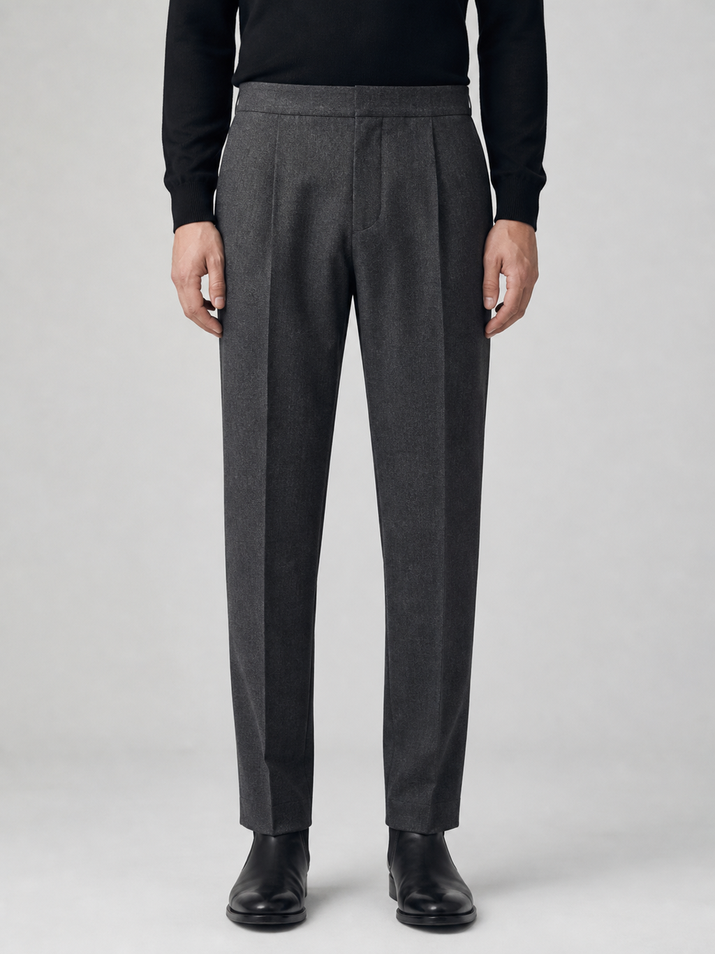 Charcoal pleated wool trouser, front