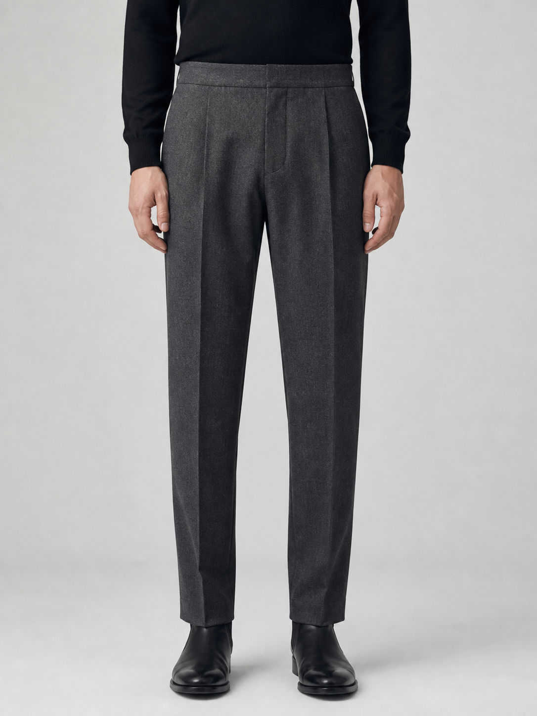 Charcoal pleated wool trouser, front