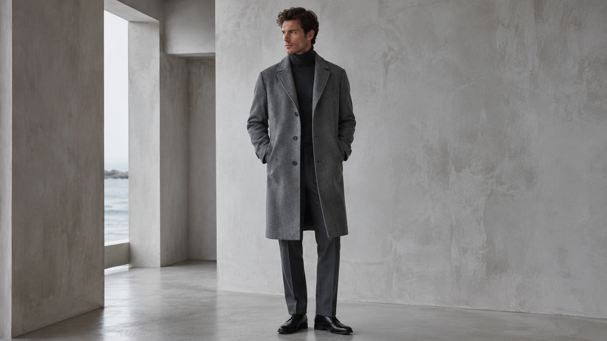 ARVFORM campaign — man in a grey wool topcoat, Nordic studio
